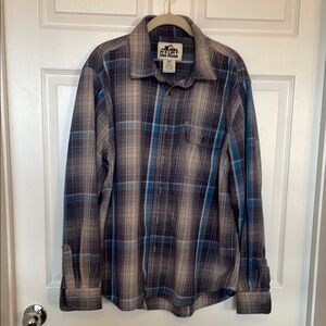 OLD MILL Shirt Vintage Mens 2XL Plaid Button Down Blue Gray Tan cotton polyester